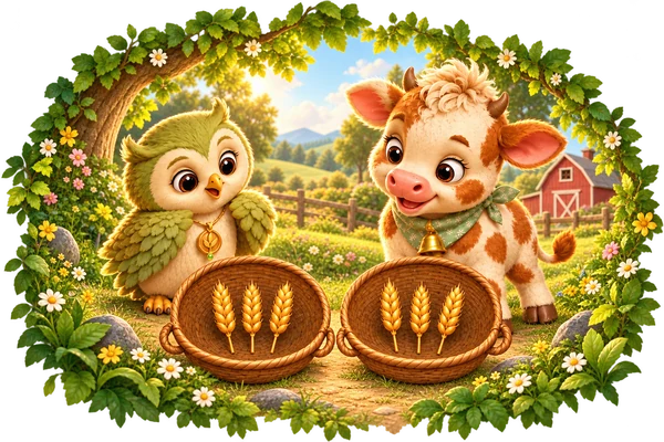 Ori the owl and Muva the calf stand on a leafy farm path beside two baskets of wheat