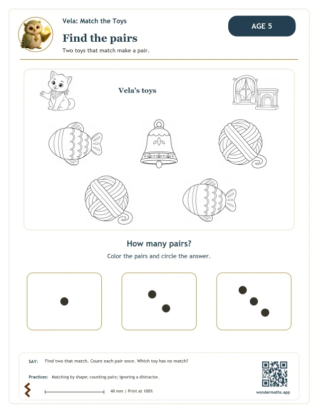 First page of the activity sheets for Vela: Match the Toys