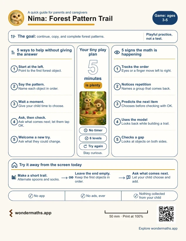 First page of the grown-up guide for Nima: Forest Pattern Trail
