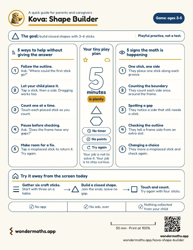 First page of the grown-up guide for Kova: Shape Builder