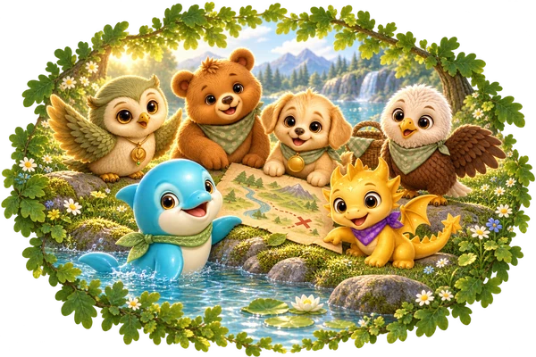 Six friends Ori, Bodi, Bly, Lumi, Aro and Luno gather with a treasure map on the mossy bank of a leafy pond