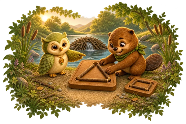 Ori and Kova build with shapes beside the water