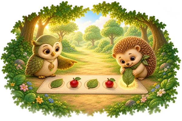 Ori and a hedgehog friend follow a leaf and apple pattern