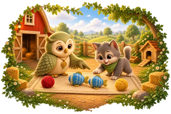 Ori and Vela look for matching toys and yarn