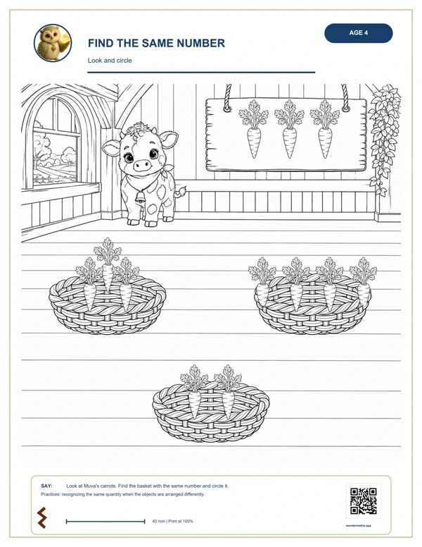 Find the Same Number activity page: circle the basket with the same number of carrots