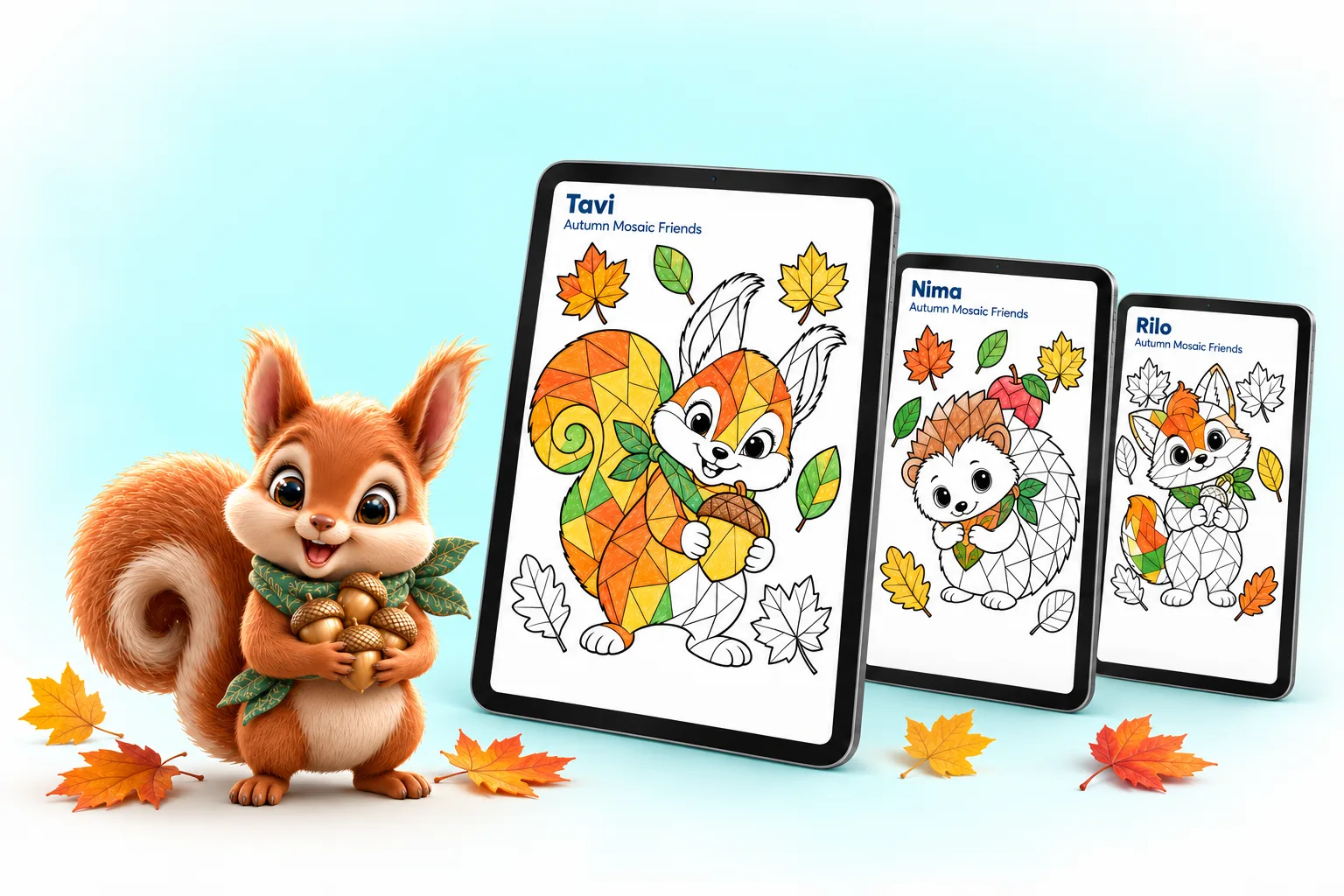 Tavi with acorns beside three tablets showing the Autumn Mosaic Friends coloring pages