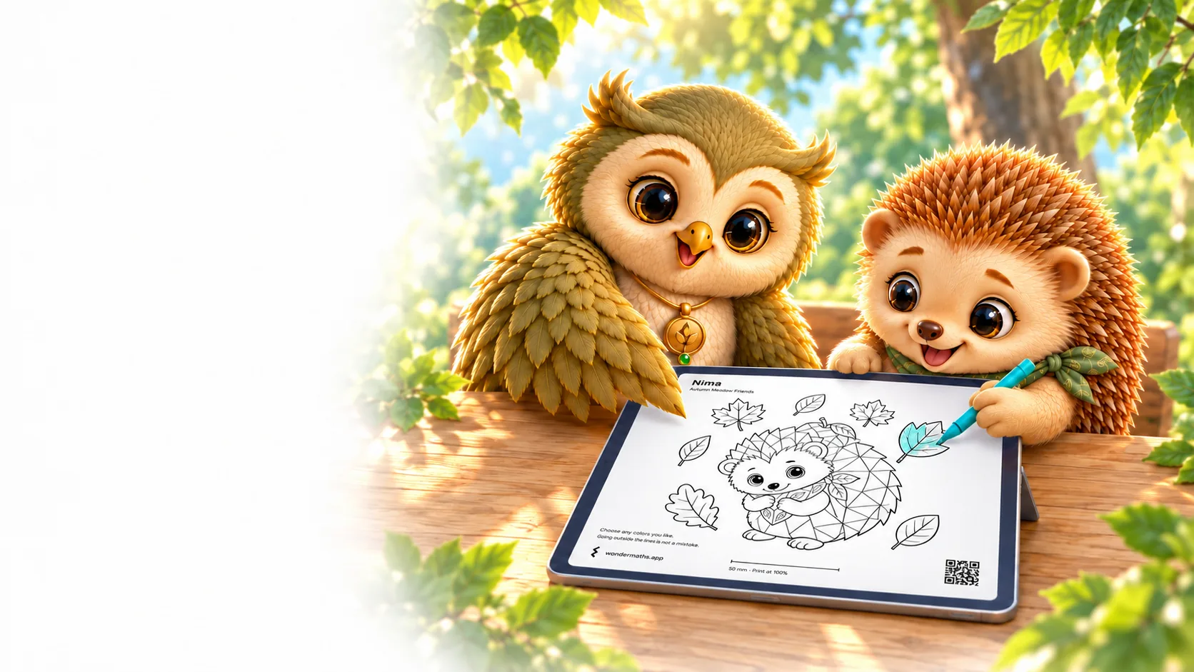 Ori and Nima drawing and coloring on a tablet at a wooden table