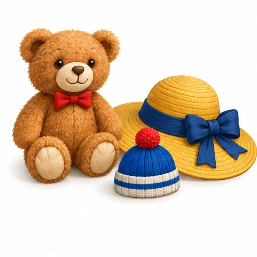 Teddy beside a small hat and an oversized hat.