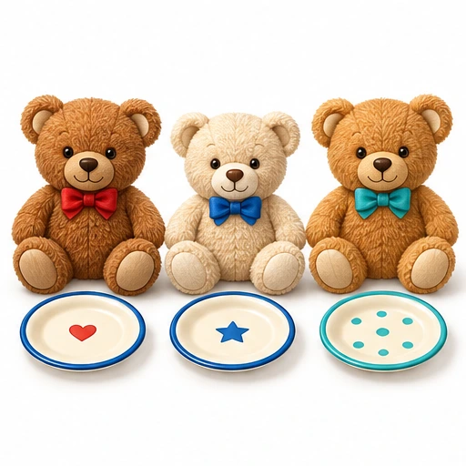 Three toy bears with one plate each.