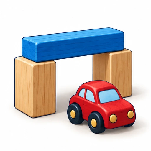 A supported block bridge and toy car.