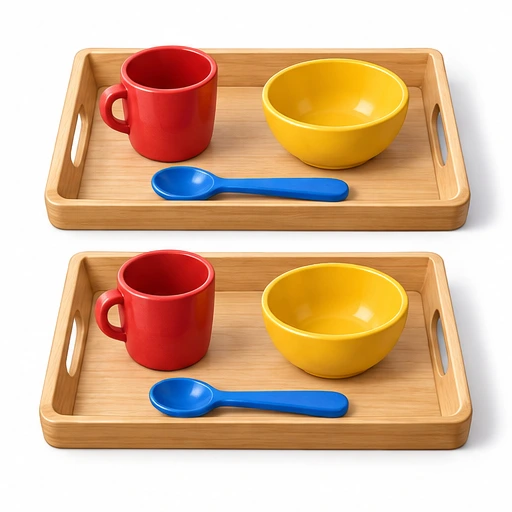 Two matching trays with cup, bowl and spoon.