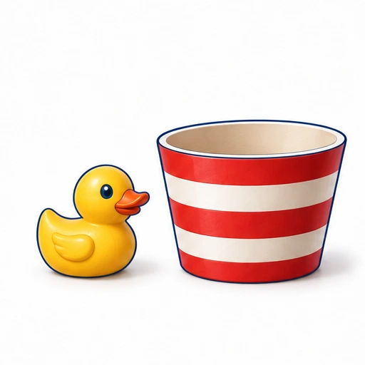 A small yellow toy duck beside a striped cup.