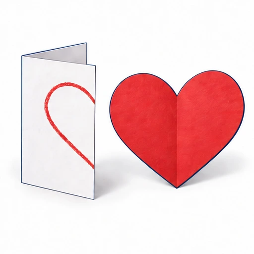 Folded paper with a half-heart outline and an open symmetric heart.