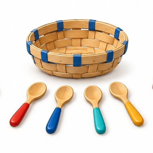 Four spoons beside an empty basket.