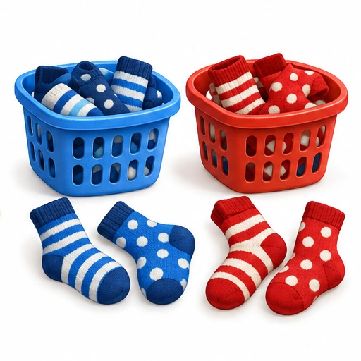 Two baskets and socks differing in color and pattern.