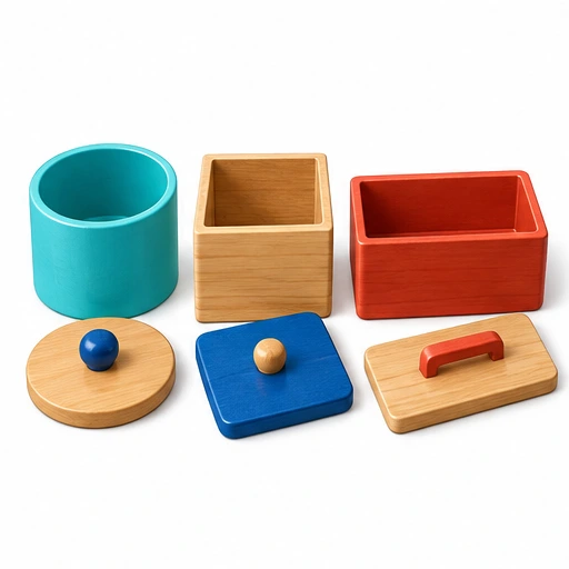 Round, square and rectangular containers with their lids.
