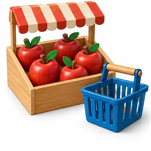 A play-food shop and empty basket.