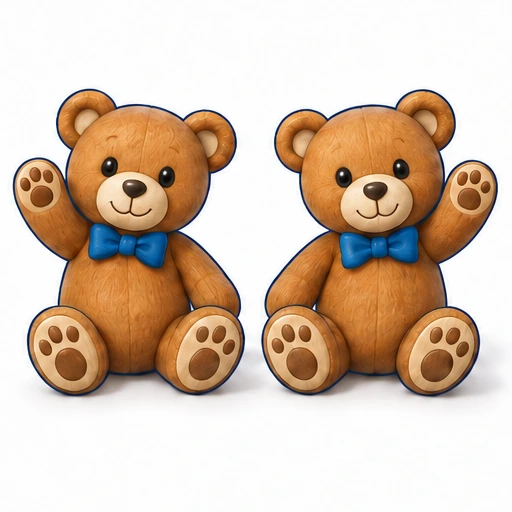 Two teddy bears holding mirrored poses.