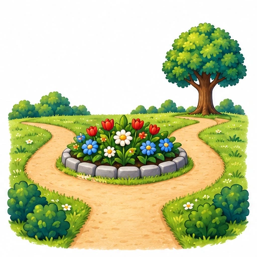 Two paths around a flowerbed leading to a tree.