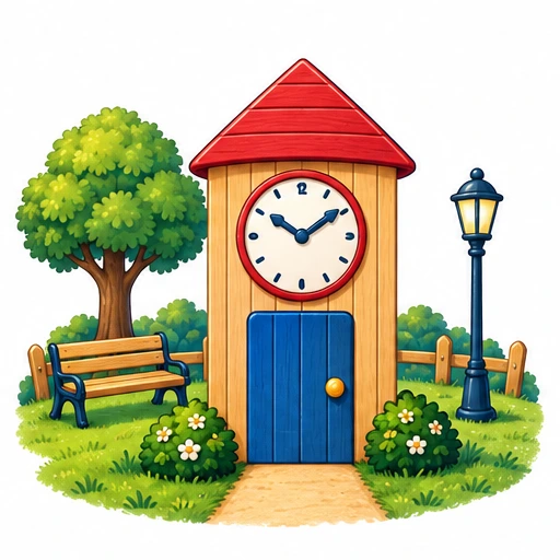 A clock face, roof and door in a park.