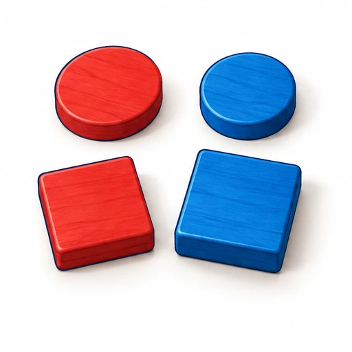 Four tiles: red and blue circles and squares.