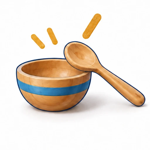 A wooden spoon and bowl with rhythm marks.