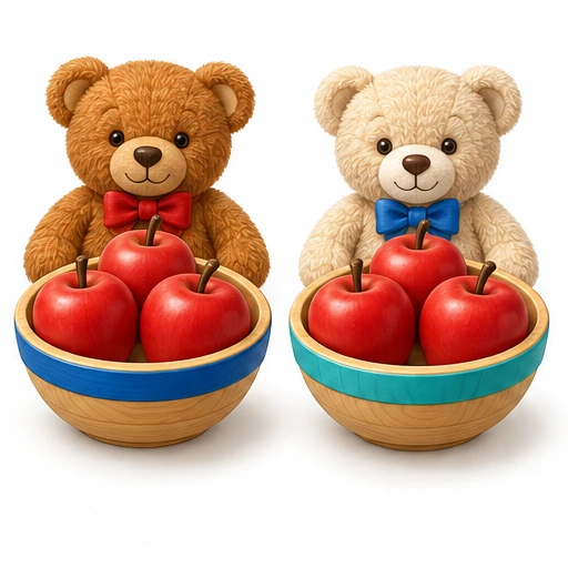 Two bears with three toy apples each.