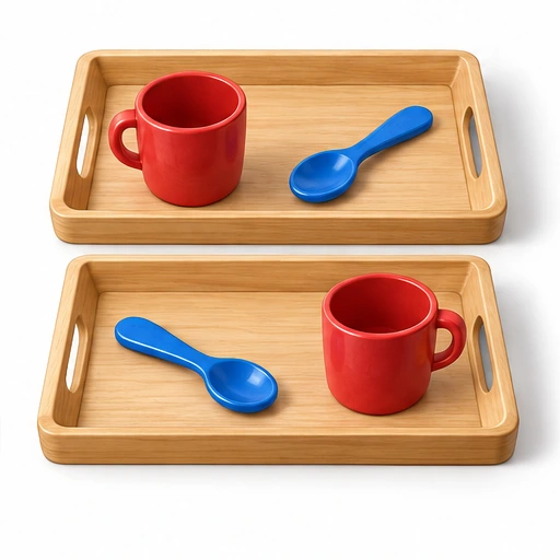 Two tray arrangements with cup and spoon in swapped positions.