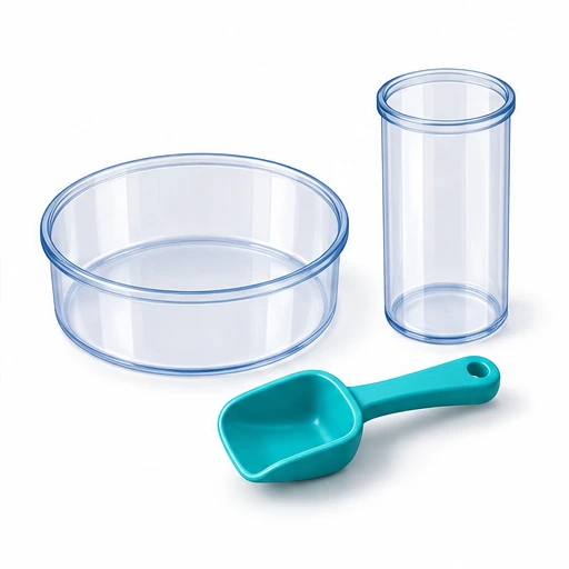 A wide shallow container and a tall narrow one beside a scoop.