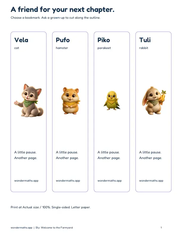 Four of the 19 character bookmarks: Vela, Pufo, Piko and Tuli.
