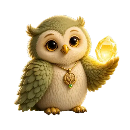 Ori, an olive-green owl with a cream chest and a gold leaf medallion.