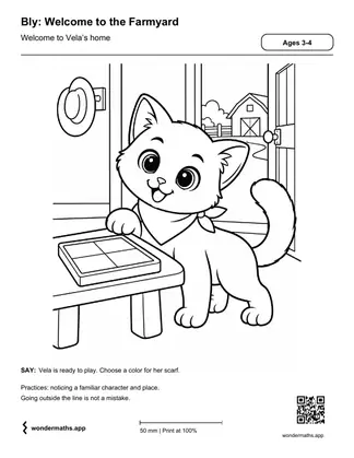 Vela at the farmhouse door, ready to color.