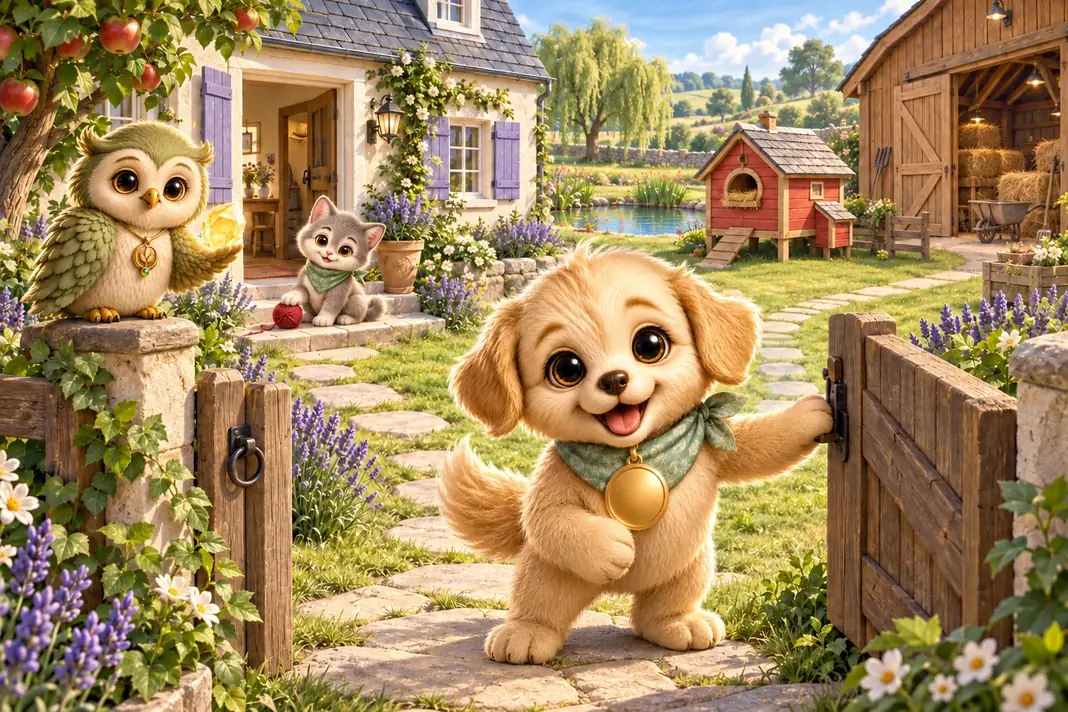 Bly holds the farmyard gate open. Ori waits by the apple tree and Vela sits on the farmhouse steps.