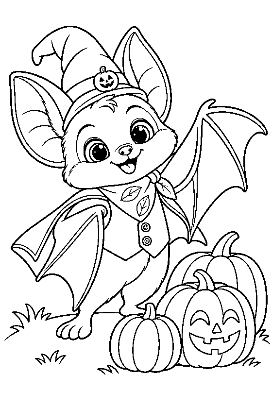 Coloring page: Buki the bat in a witch hat with three pumpkins.