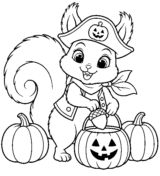 Coloring page: Tavi the pirate putting an acorn into a pumpkin basket.