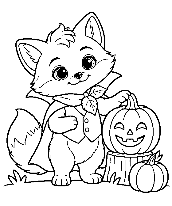Coloring page: Rilo the fox in a vampire costume beside a lantern on a tree stump.