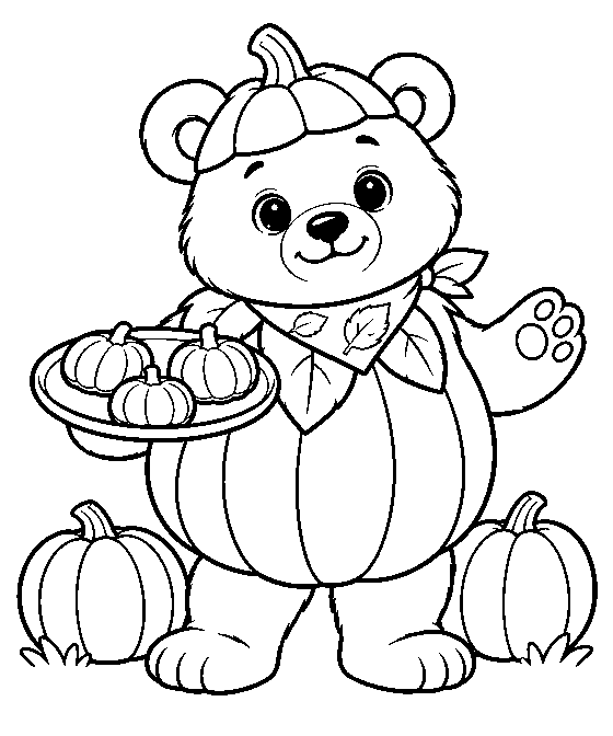 Coloring page: Bodi in a pumpkin costume with a tray of cookies.