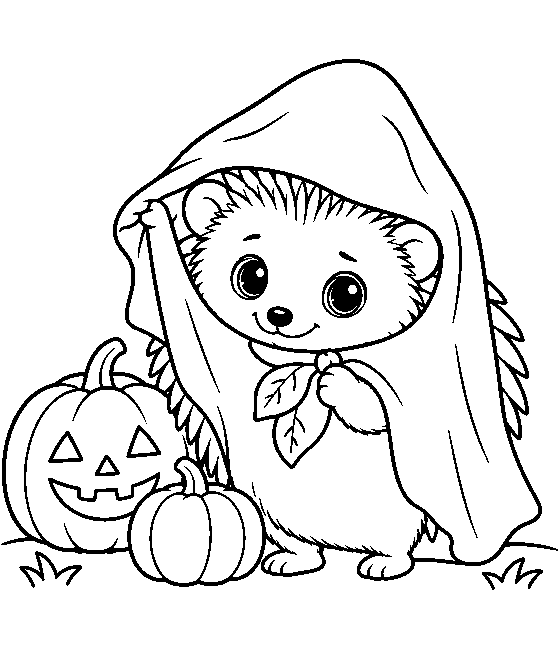 Coloring page: Nima the hedgehog dressed as a ghost, playing peekaboo behind a sheet.