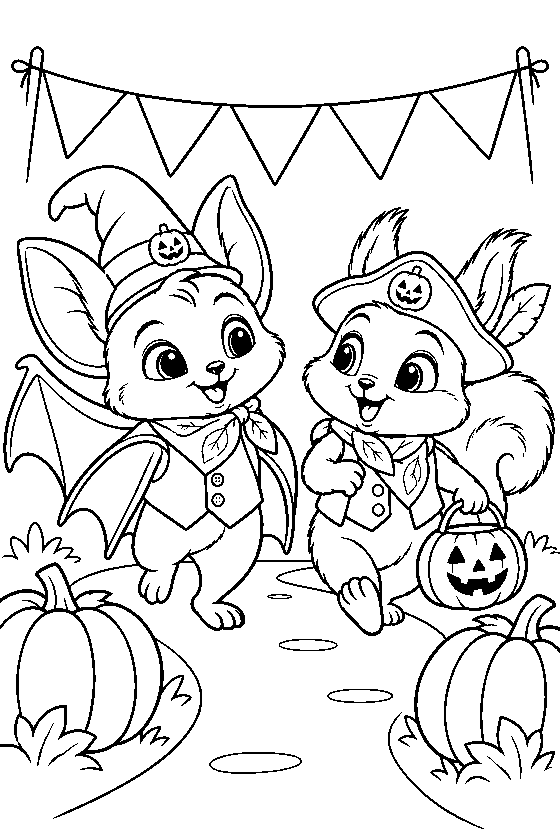 Coloring page: Buki and Tavi walking under Halloween bunting.