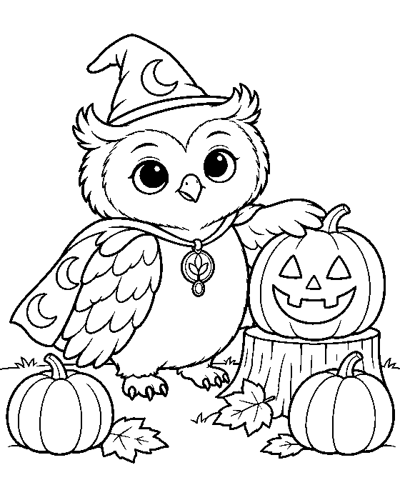 Coloring page: Ori the owl in a witch hat with a jack-o'-lantern on a stump.