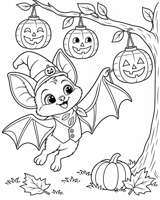 Coloring page: Buki the bat in a witch hat hanging a paper pumpkin lantern on a branch.