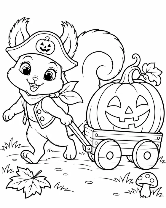Coloring page: Tavi the squirrel pulling a small wagon with one big smiling pumpkin.