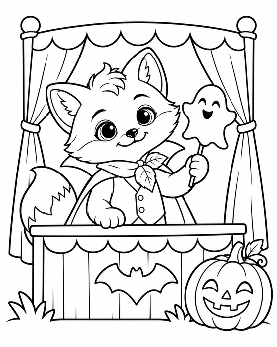 Coloring page: Rilo the fox behind a puppet theater holding a friendly ghost puppet.