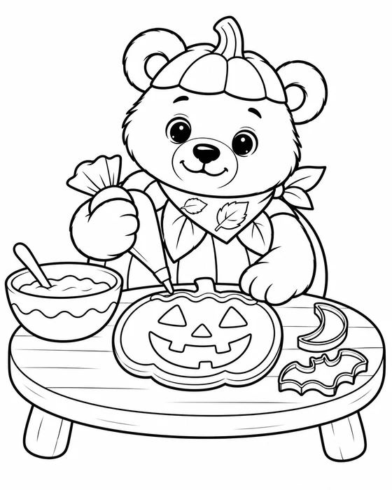 Coloring page: Bodi decorating one big pumpkin cookie with a piping bag at a round table.
