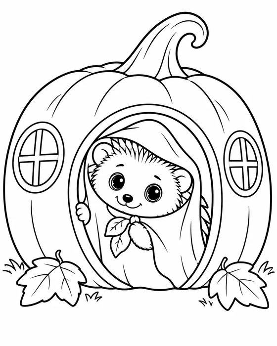 Coloring page: Nima the hedgehog in a ghost sheet peeking out of a hollow pumpkin playhouse.