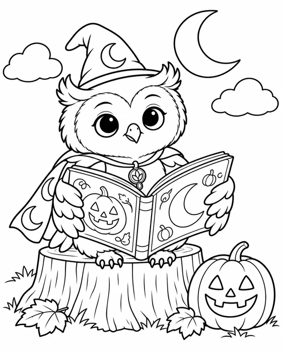 Coloring page: Ori the owl reading a picture book on a tree stump beside a pumpkin lantern.