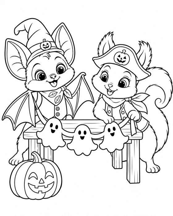 Coloring page: Buki and Tavi making a garland with three friendly ghost cutouts.