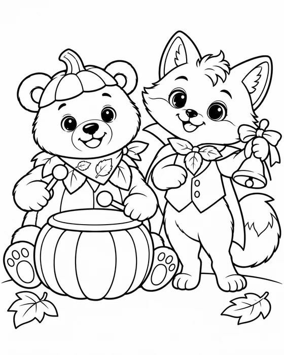 Coloring page: Bodi tapping a pumpkin-shaped drum while Rilo shakes a bell.