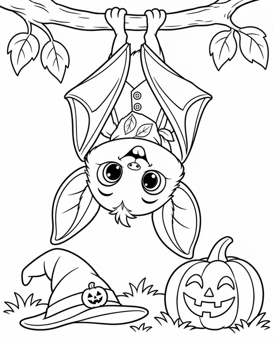 Coloring page: Buki the bat hanging upside down from a branch beside a pumpkin lantern.