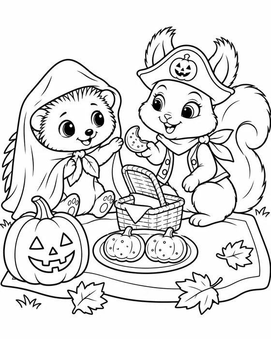 Coloring page: Nima and Tavi sharing a picnic with pumpkin cookies on a blanket.